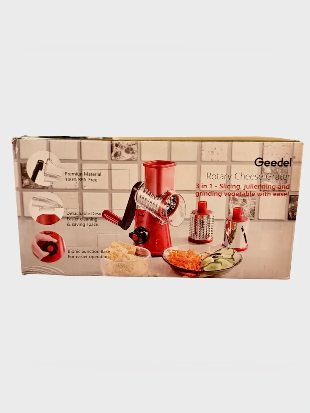 Geedel Rotary Cheese Grater 3-in-1 Manual Vegetable Slicer Shredder Green NIB